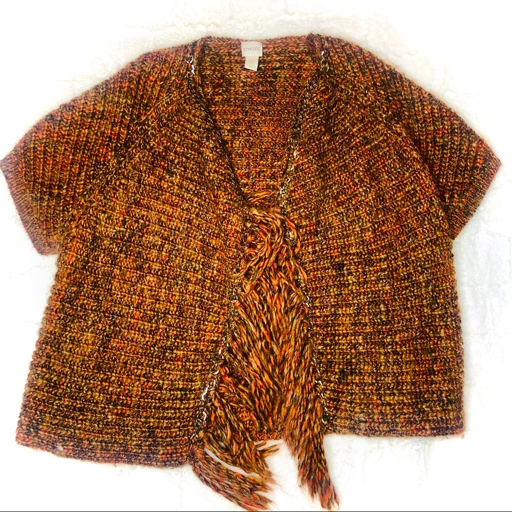 CHICOS Size 1 Knit Open Front Boxy Fringe Sweater